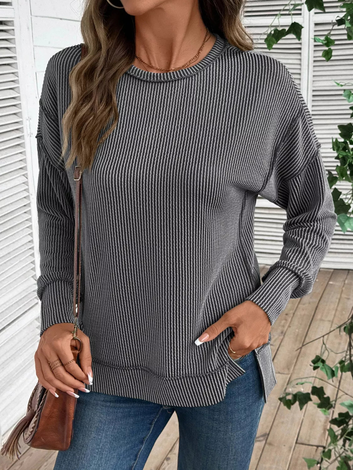 Side Slit Round Neck Sweatshirt - PBNJ FASHIONS