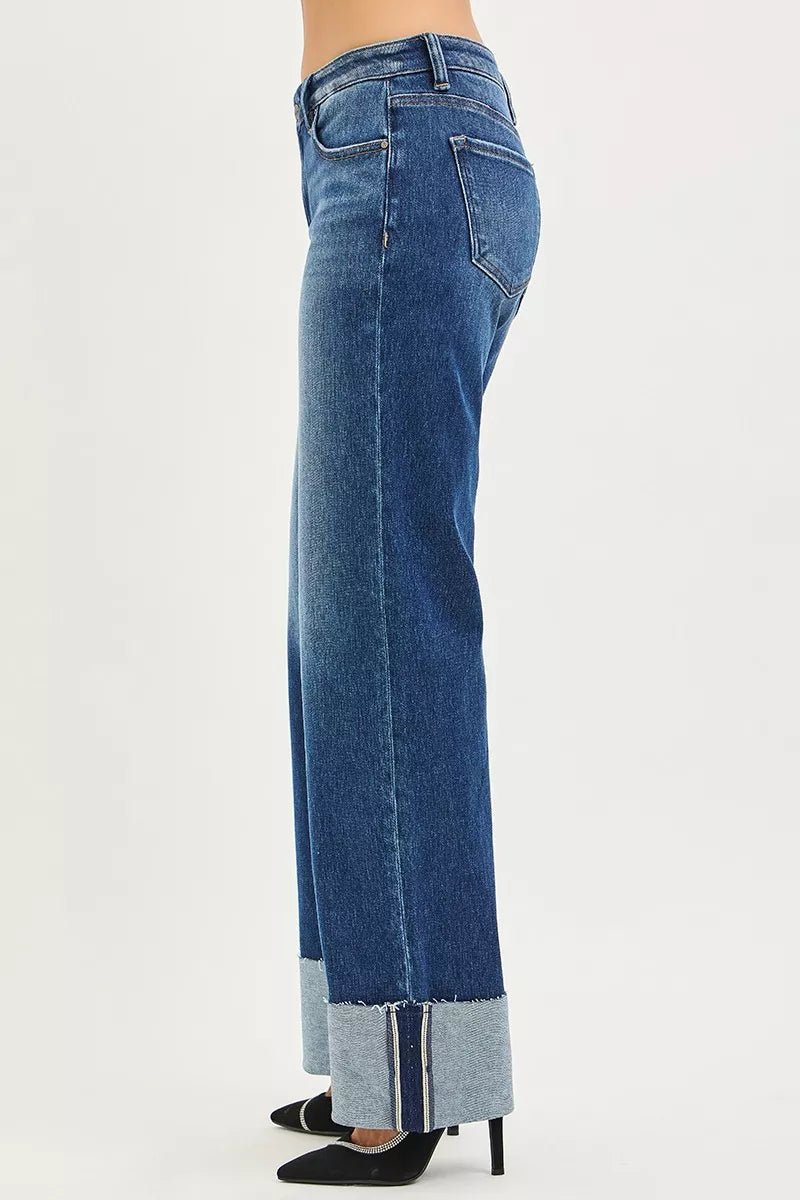 RISEN Mid Rise Wide Straight Jeans With Wide Cuff - PBNJ FASHIONS