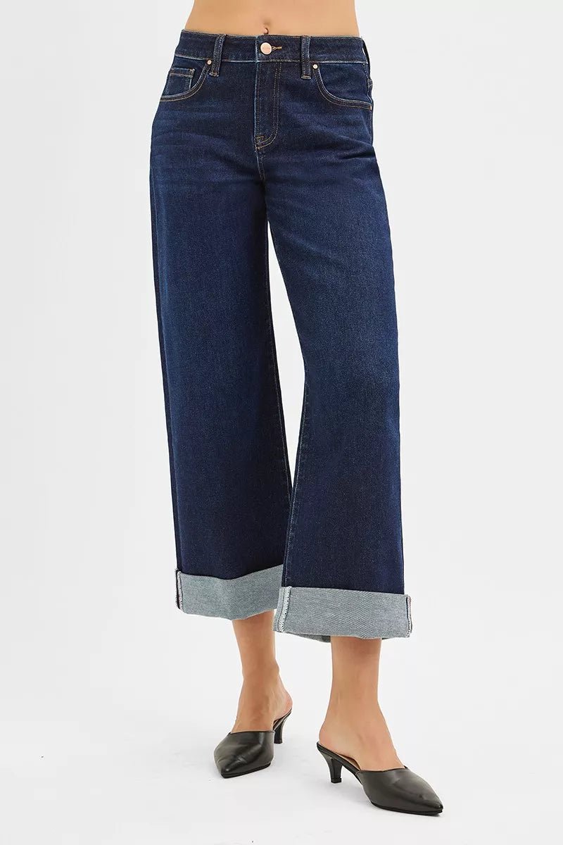 RISEN Mid Rise Fit Ankle Wide Roll Up Jeans - PBNJ FASHIONS