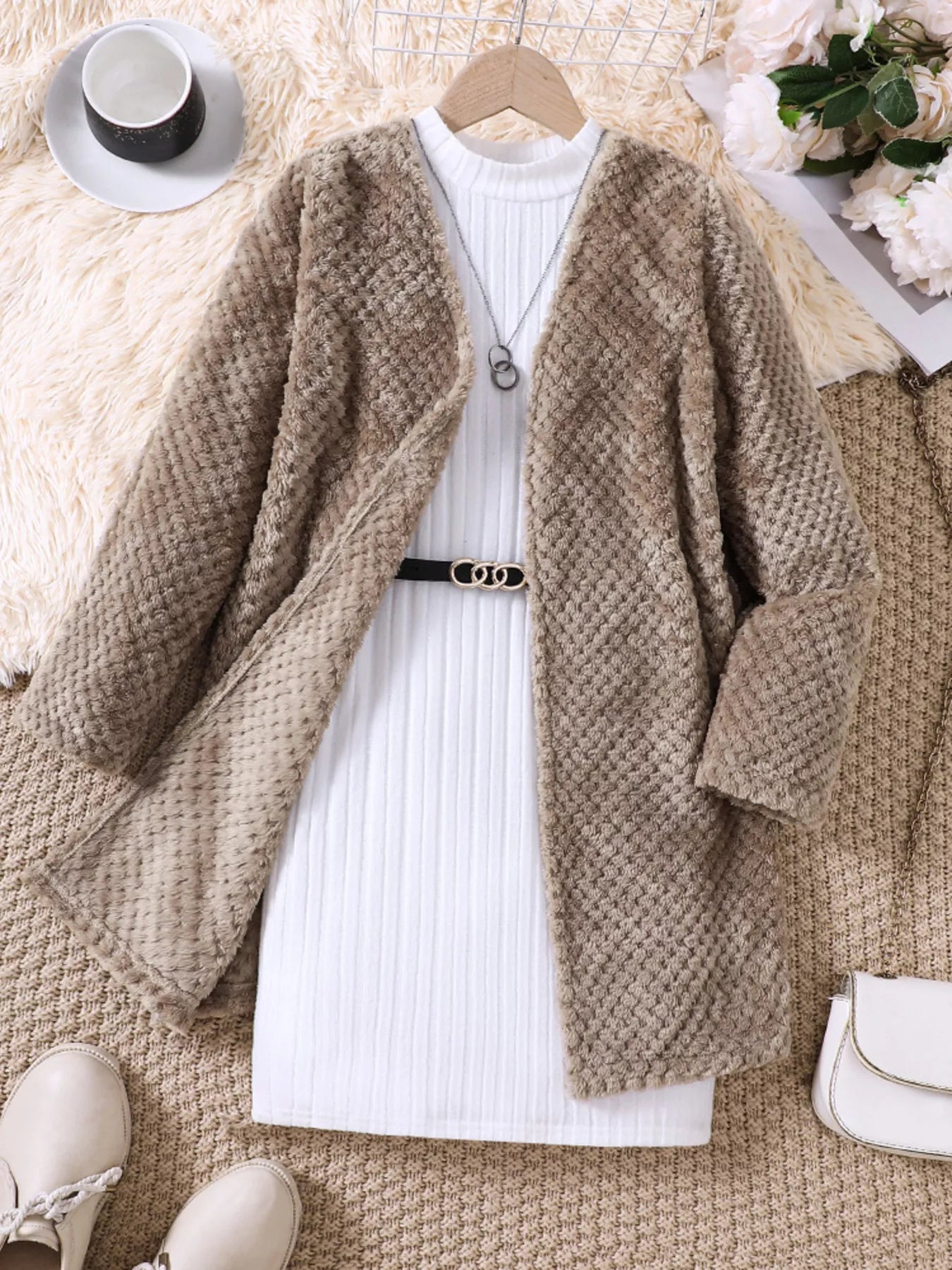Children's Textured Sweater Dress and Open Front Cardigan Set - PBNJ FASHIONS