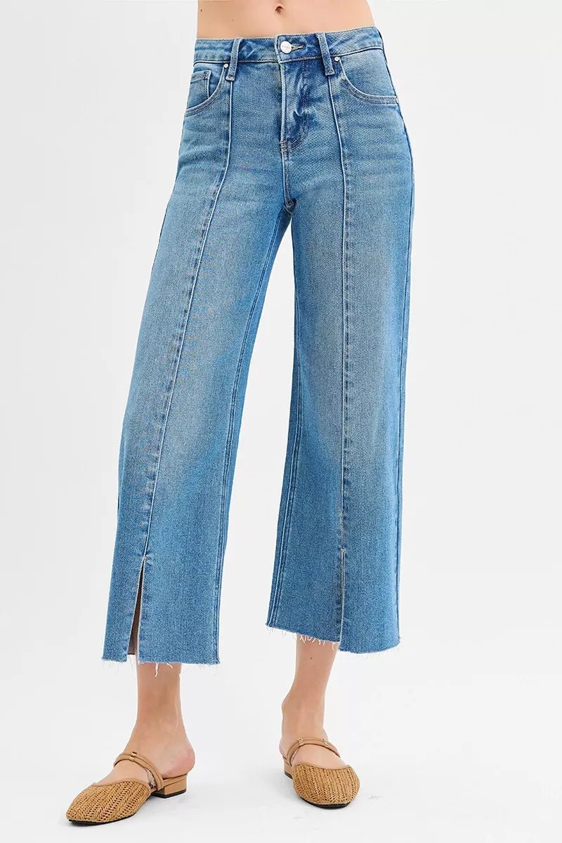 RISEN Tummy Control Mid Rise Crop Wide Front Slit Jeans - PBNJ FASHIONS
