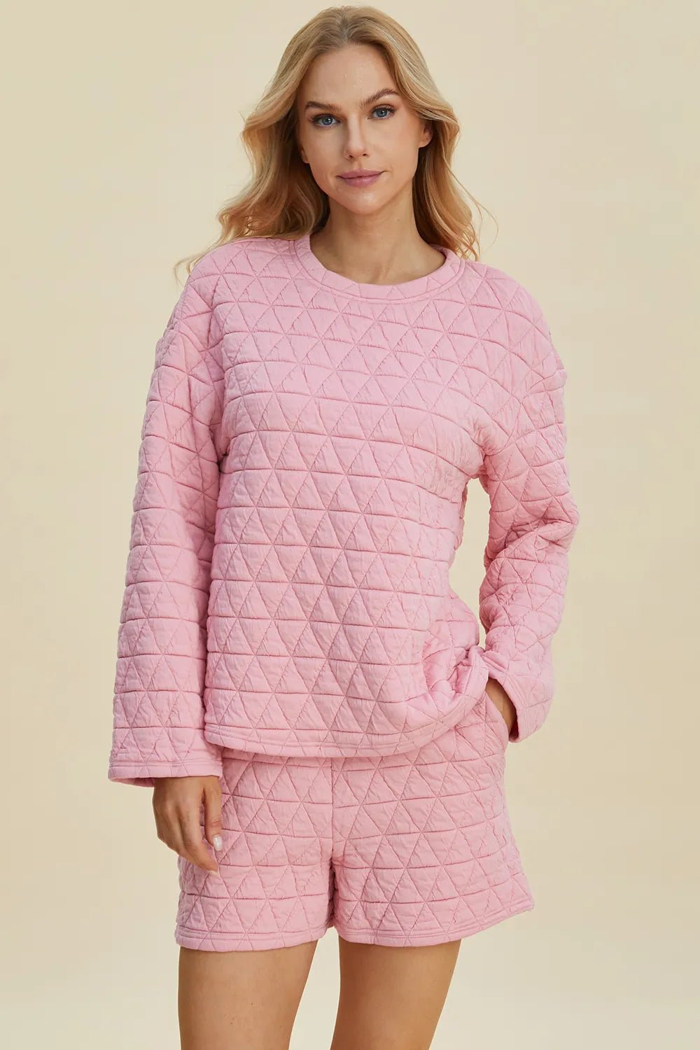 Double Take Full Size Texture Round Neck Long Sleeve Top and Shorts Set - PBNJ FASHIONS