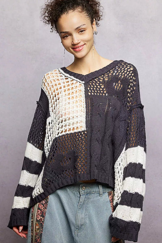 POL Color - Blocked Stripe Pattern Knit Top with Twisted Weave - PBNJ FASHIONS