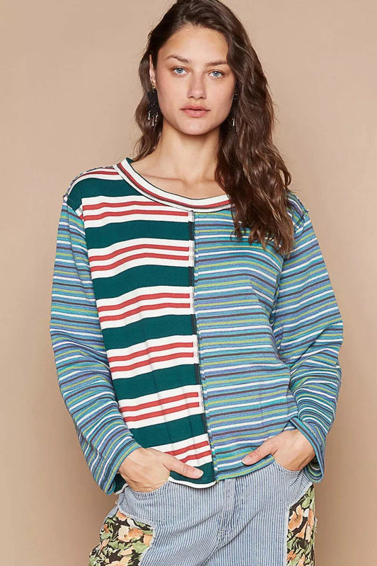 POL Color Block Striped Round Neck Long Sleeve T-Shirt - PBNJ FASHIONS