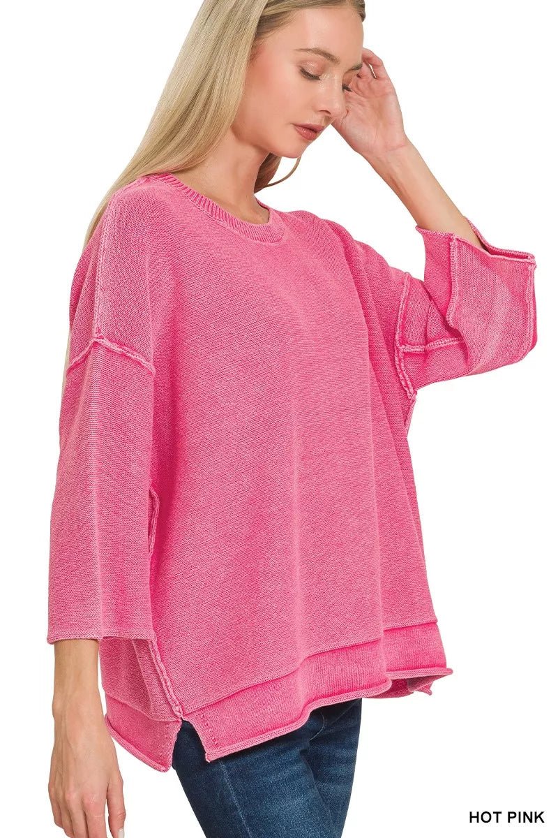 Zenana Washed 3/4 Sleeve Boxy Sweater - PBNJ FASHIONS