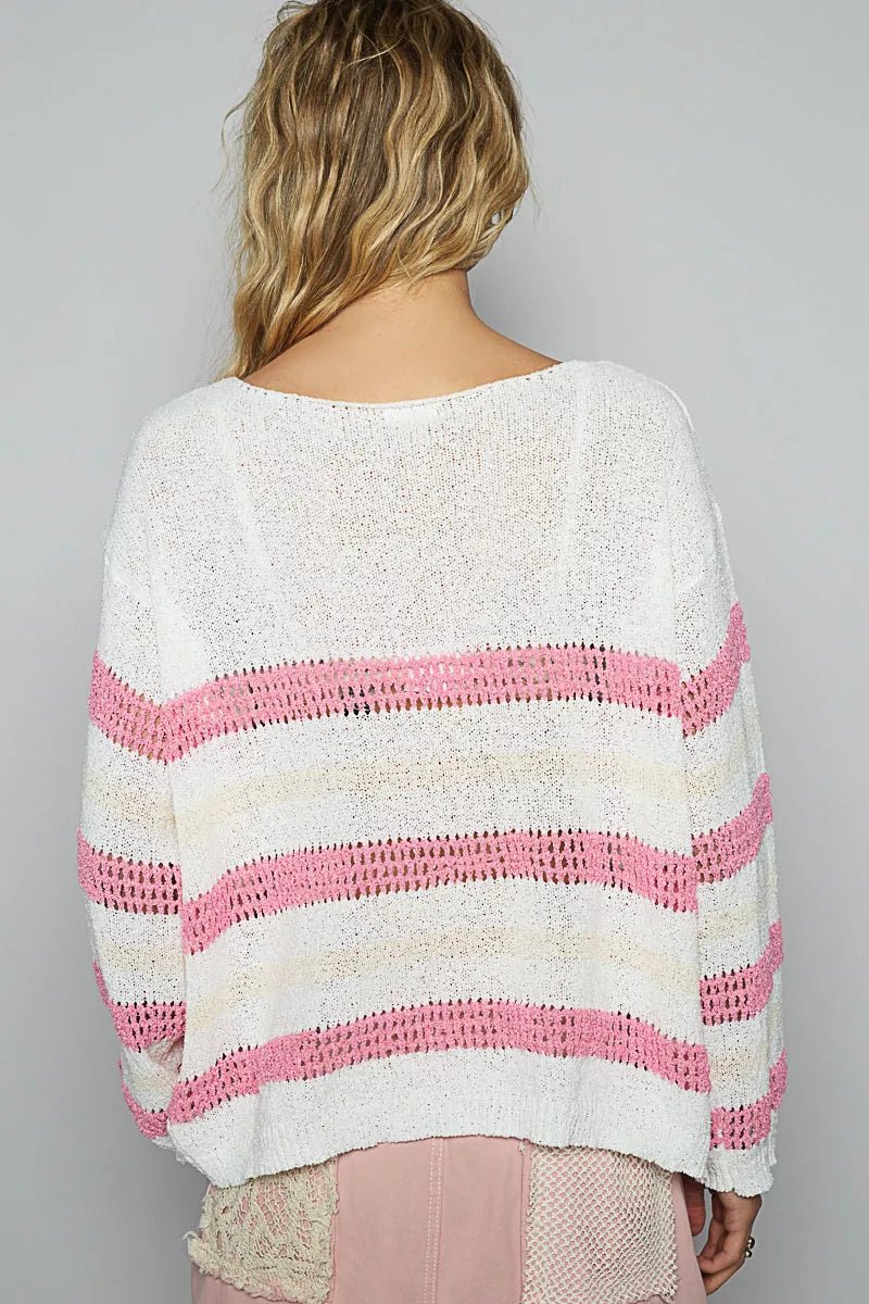 POL Striped Openwork Round Neck Knit Top - PBNJ FASHIONS