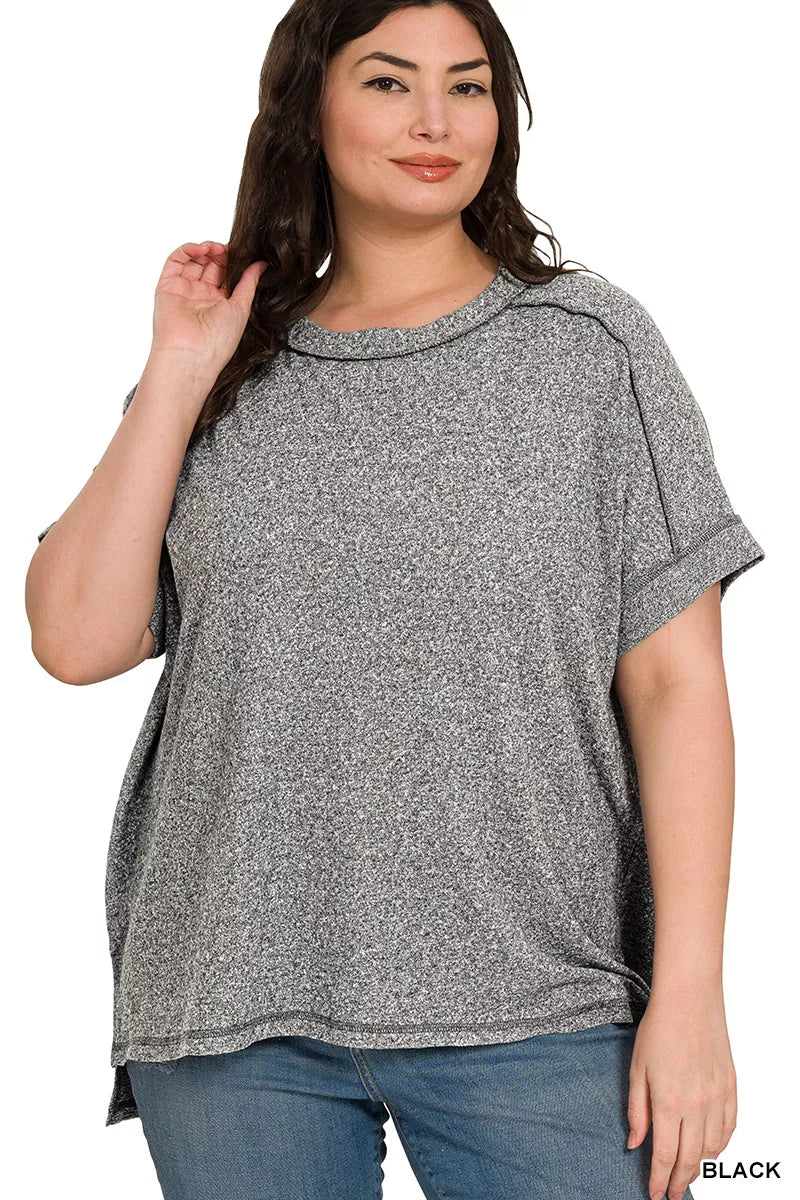 Zenana Full Size Soft Melange Hacci Short Sleeve Hi - low Tee Plus Size - PBNJ FASHIONS