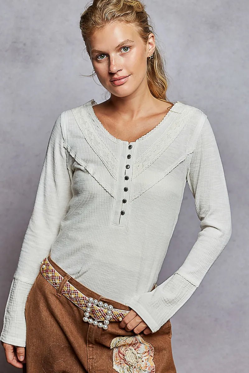 POL Ribbed Half Button Lace Detail Knit Top - PBNJ FASHIONS