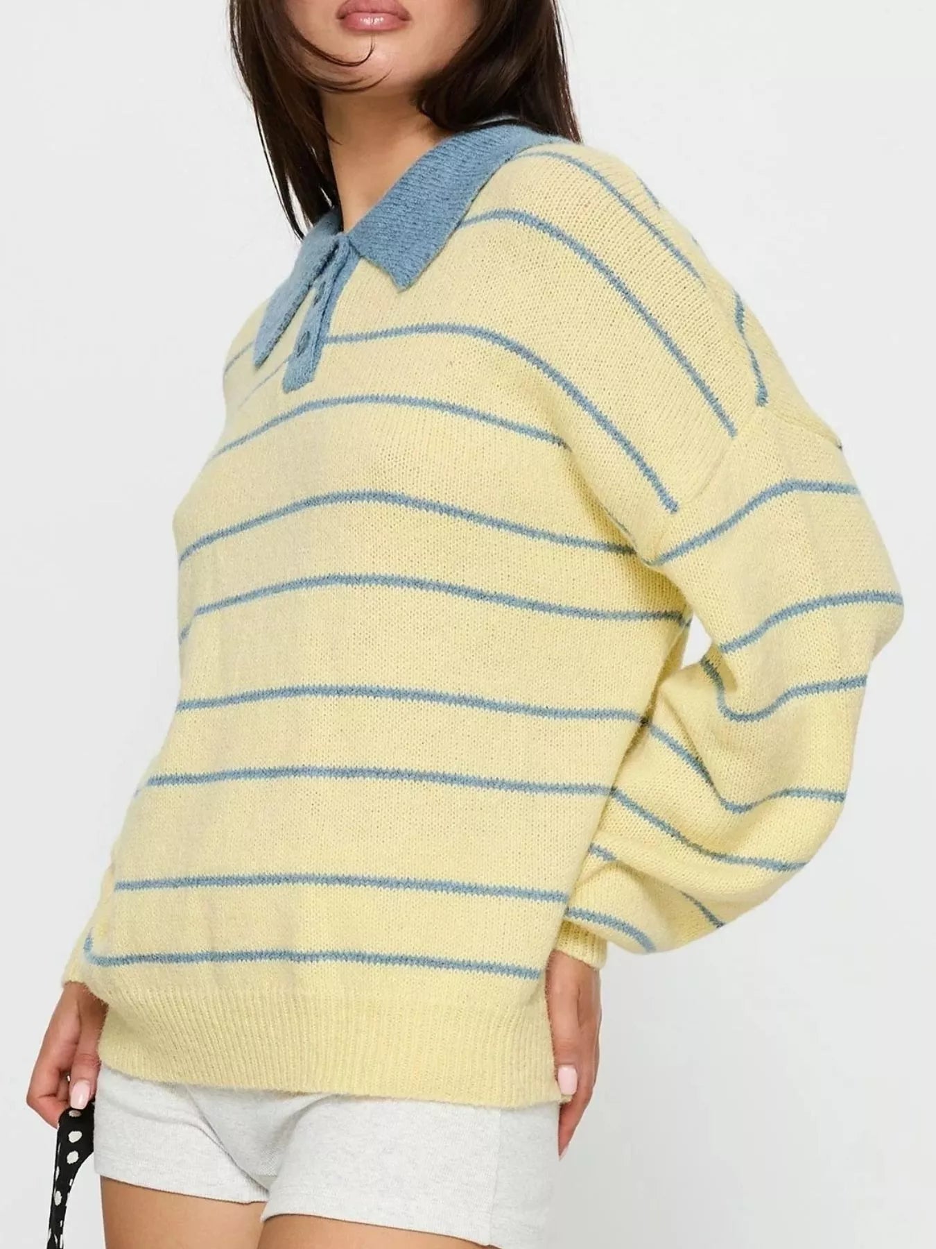 Striped Polo Collar Long Sleeve Sweater - PBNJ FASHIONS