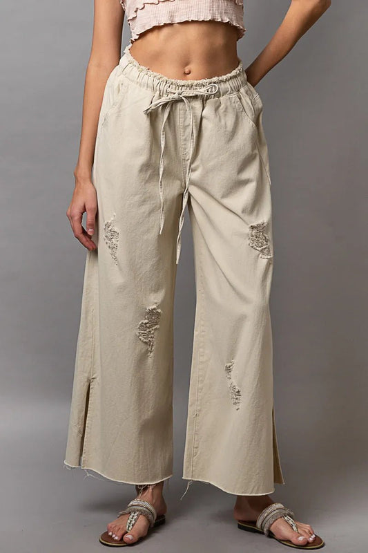 POL Distressed Drawstring Slit Wide leg Pants - PBNJ FASHIONS