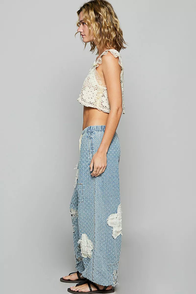 POL Floral Patch Washed Textured Twill Pants with Crochet See Thru Patch - PBNJ FASHIONS