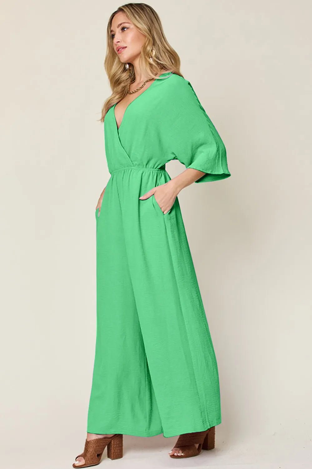 Double Take Full Size Surplice Wide Leg Jumpsuit with Pockets - PBNJ FASHIONS