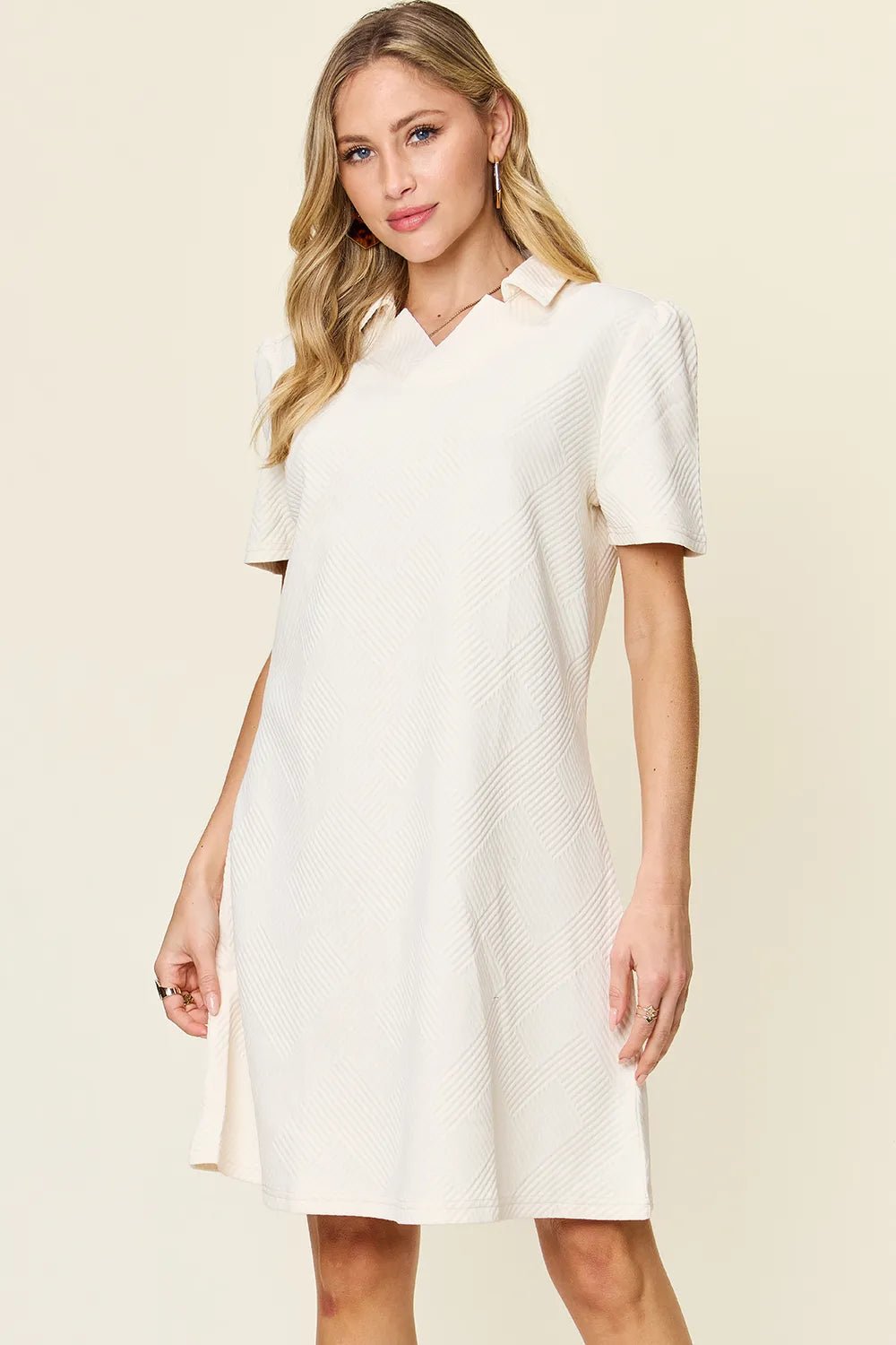 Double Take Full Size Texture Collared Neck Short Sleeve Dress - PBNJ FASHIONS