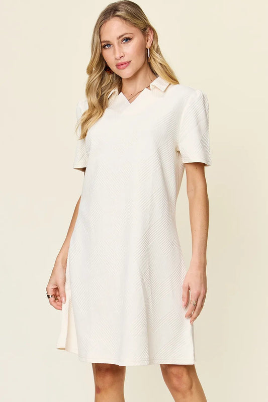 Double Take Full Size Texture Collared Neck Short Sleeve Dress - PBNJ FASHIONS