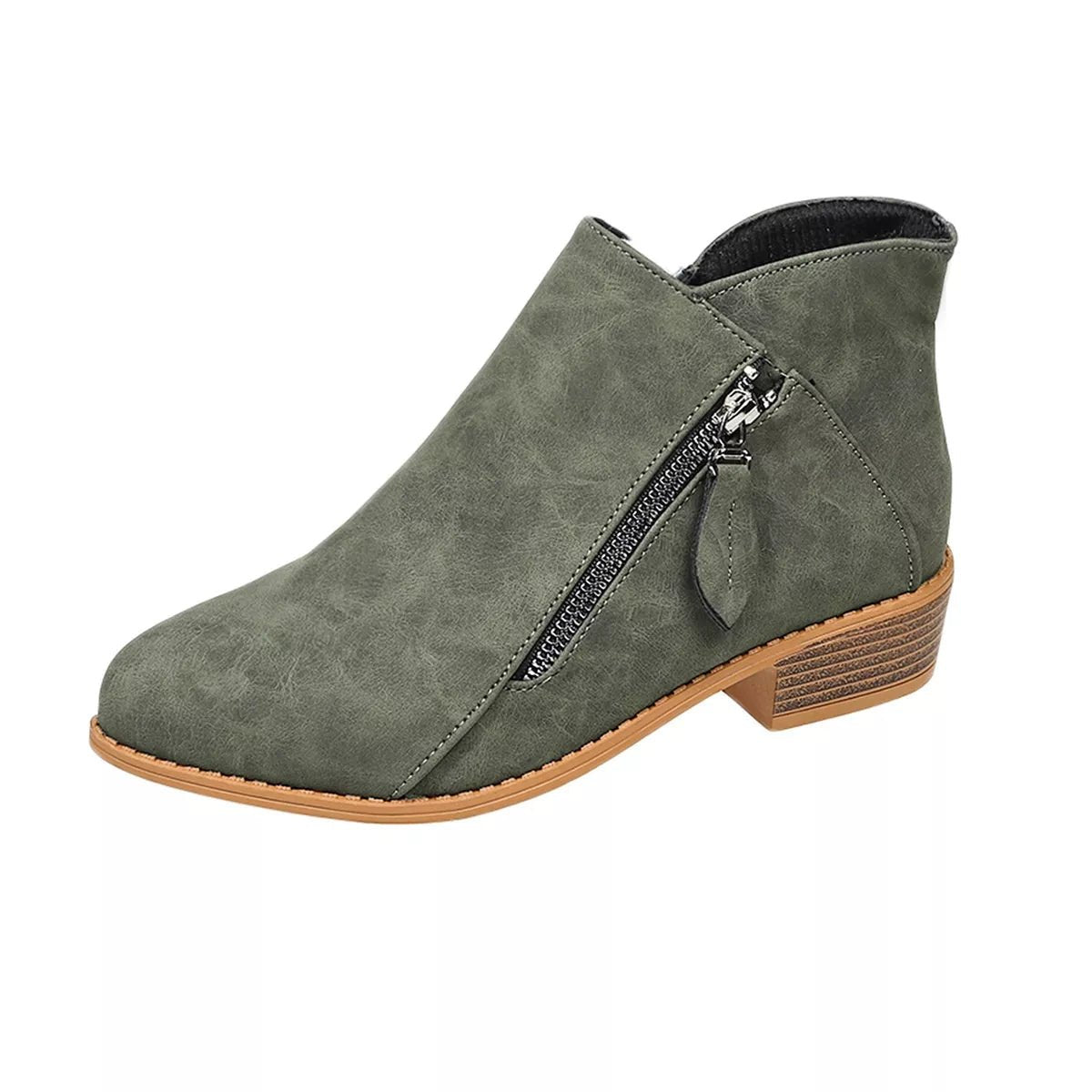 Chic Zip-Up Ankle Boots: Comfortable and Stylish with Block Heels for Effortless Fashion Statements - Army Green-36