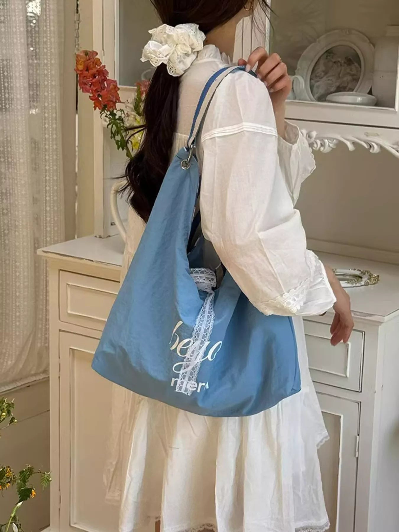 Canvas Tote Bag - Chic Striped Design - Sky BlueOne SizeFashionable Purses