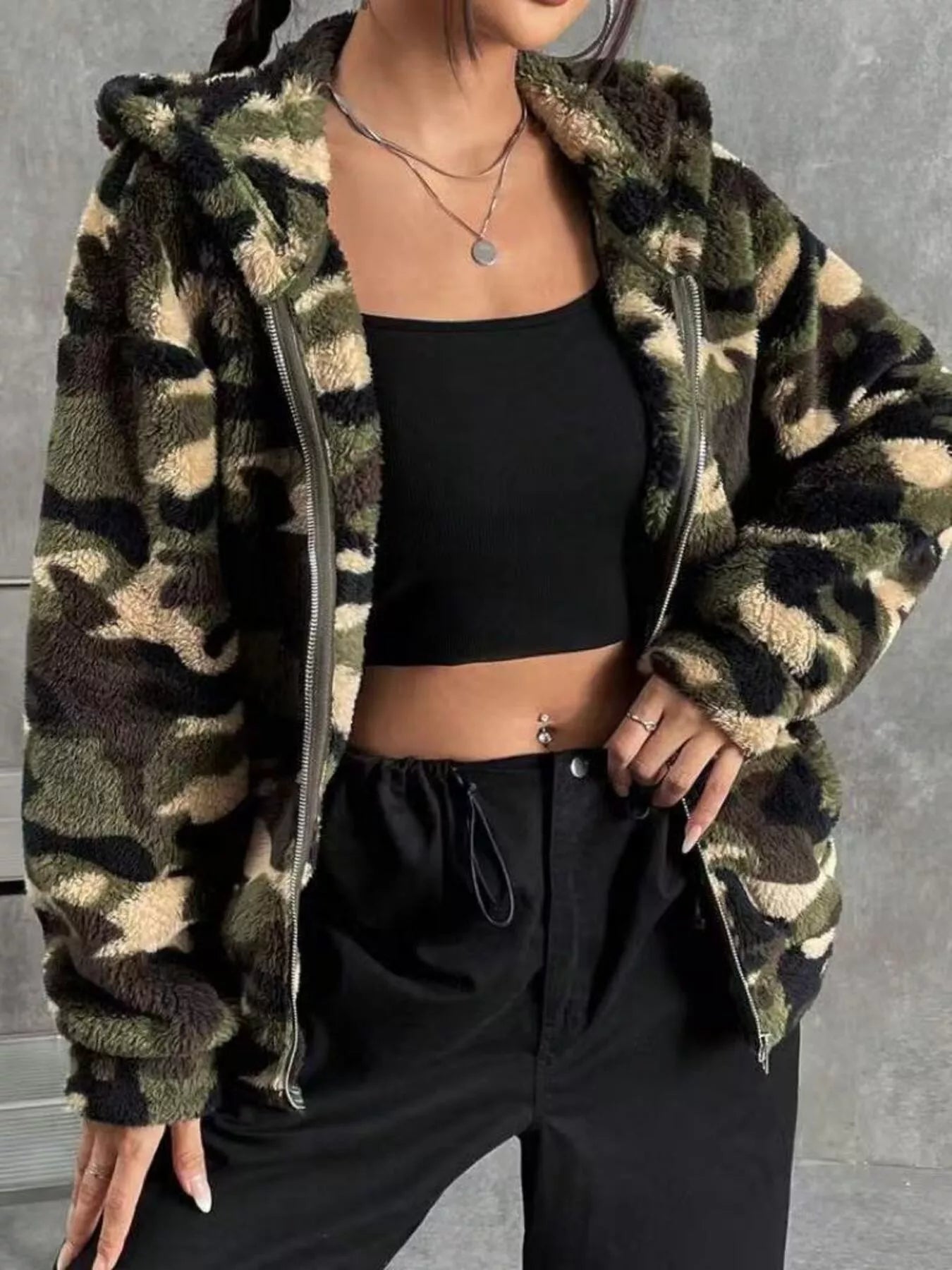 Fuzzy Camo Zip - Up Hoodie - PBNJ FASHIONS