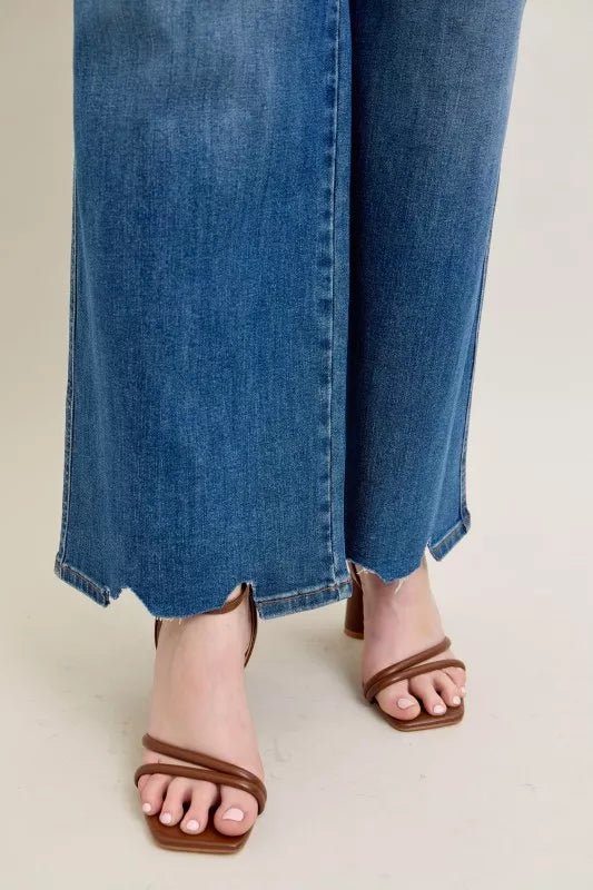 Judy Blue Full Size High Waist Tummy Control Chew Hem Destroy Wide Jeans Plus Size - PBNJ FASHIONS