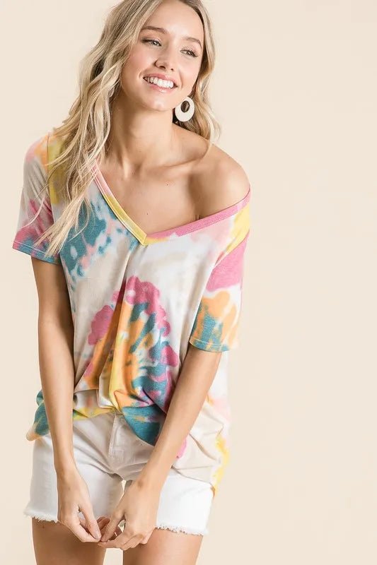 BiBi Circular Tie Dye Print V Neck Top - PBNJ FASHIONS