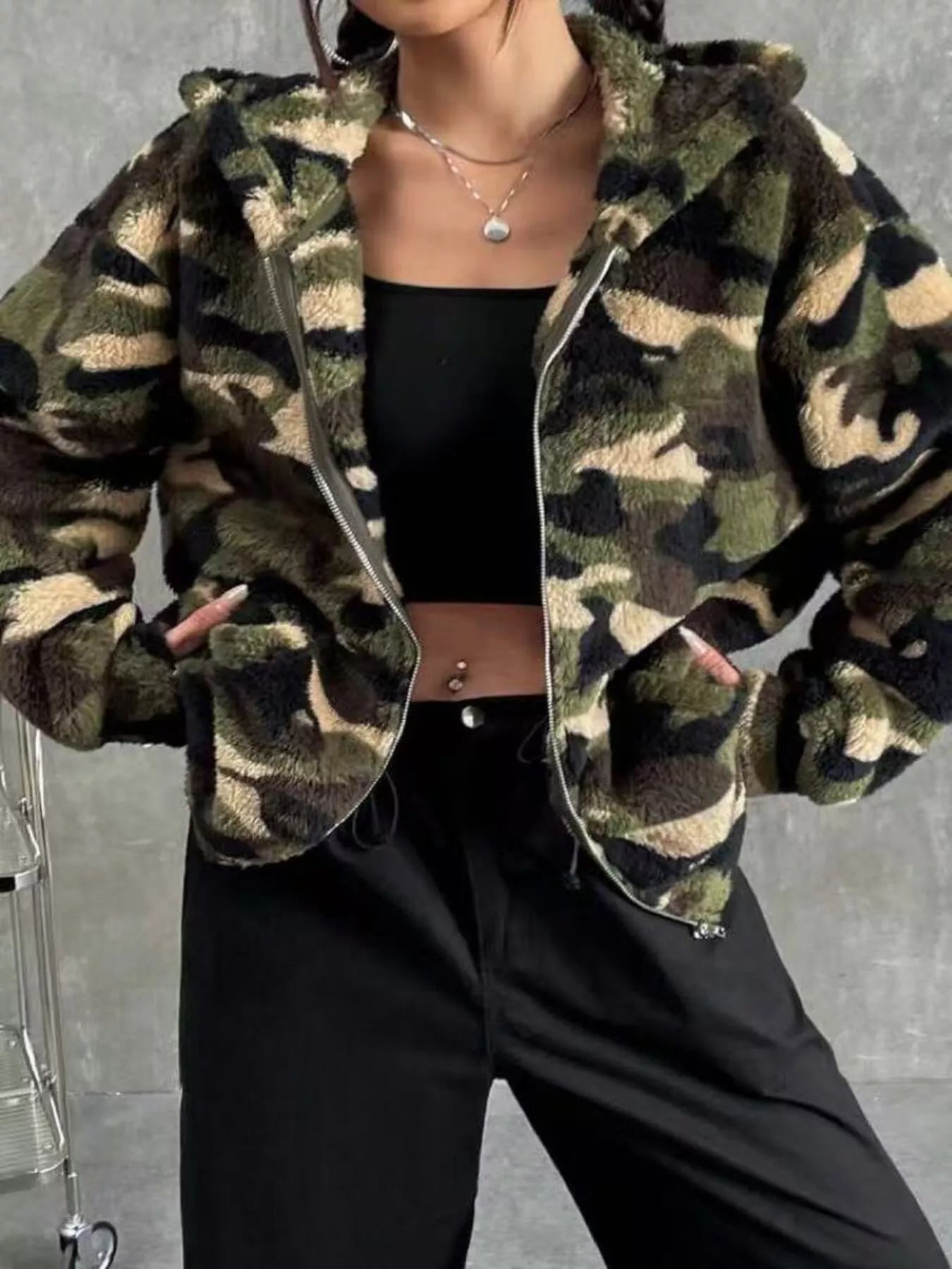 Fuzzy Camo Zip - Up Hoodie - PBNJ FASHIONS