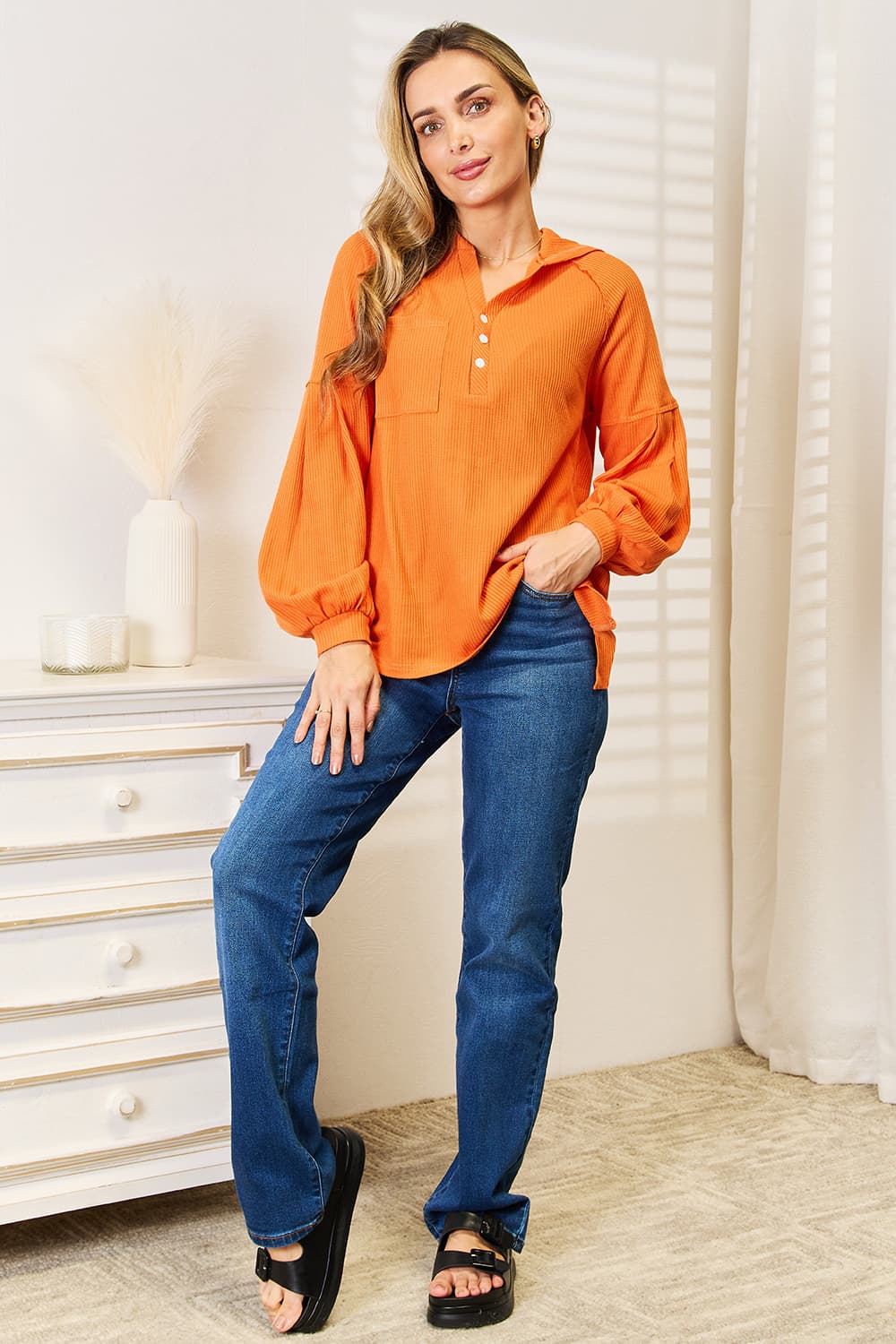 Basic Bae Side Slit Buttoned Waffle Knit Hoodie - PBNJ FASHIONS