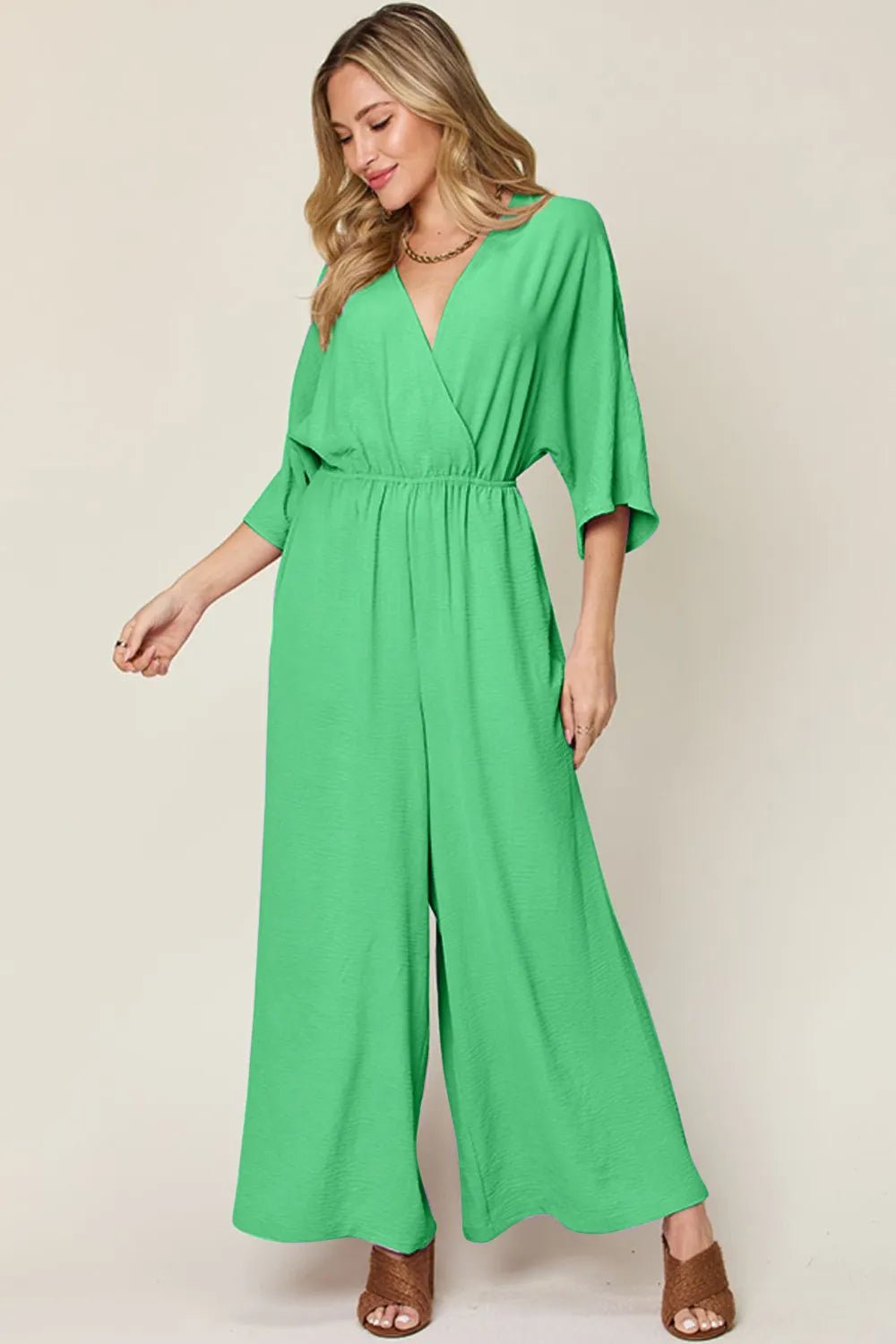 Double Take Full Size Surplice Wide Leg Jumpsuit with Pockets - PBNJ FASHIONS
