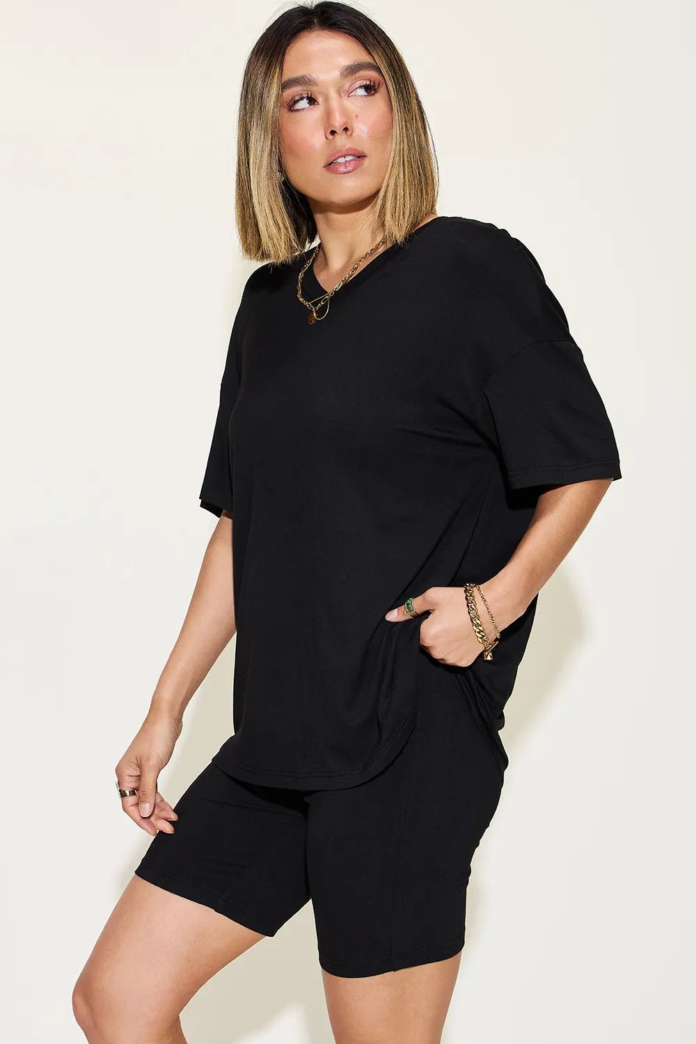 Basic Bae Full Size V - Neck Drop Shoulder T-Shirt and Shorts Set - PBNJ FASHIONS