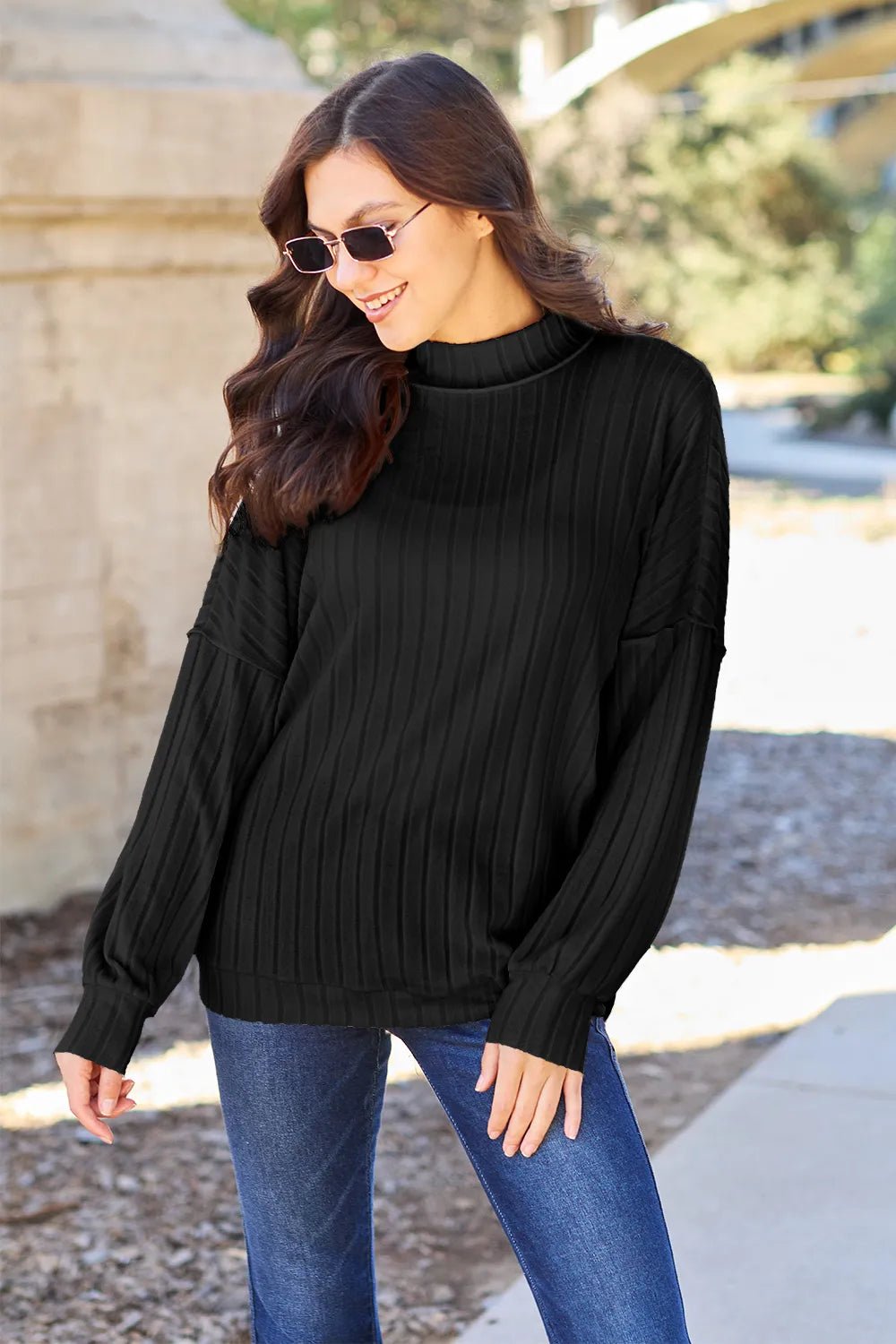 Basic Bae Full Size Ribbed Exposed Seam Mock Neck Knit Top - PBNJ FASHIONS