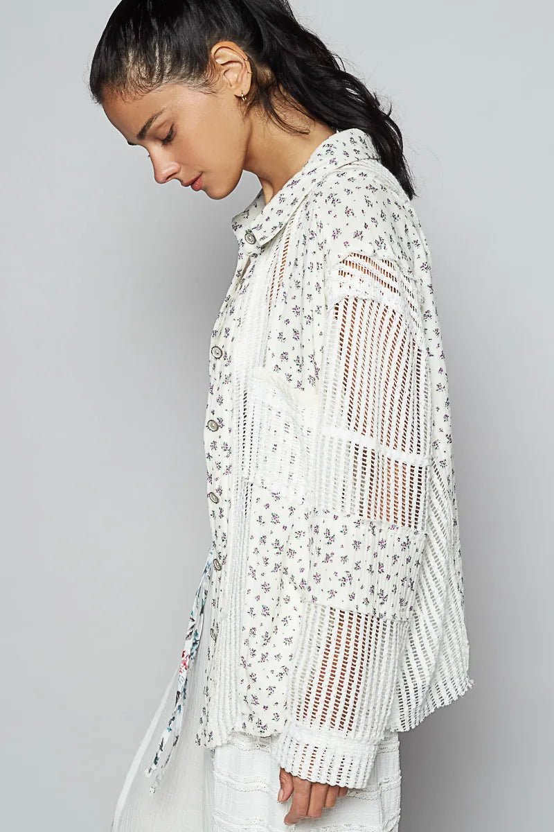 POL Floral Crochet Patchwork Long Sleeve Shirt - PBNJ FASHIONS