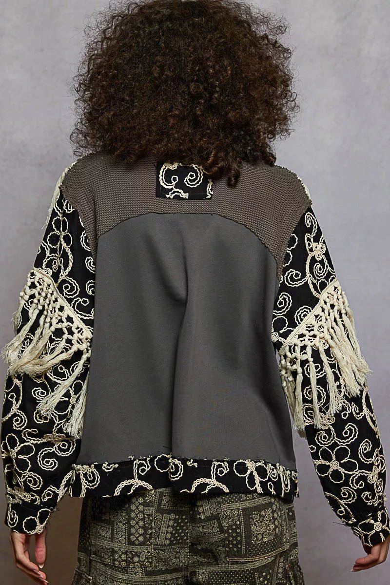 POL Contrast Floral Embroidery Balloon Sleeve Top with Tassel Trim - PBNJ FASHIONS