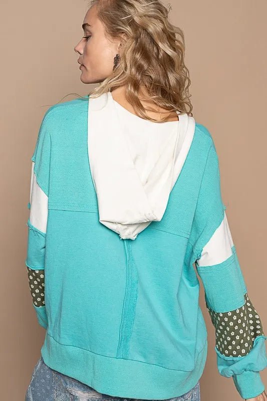 POL Exposed Seam Floral Patchwork French Terry Hoodie - PBNJ FASHIONS