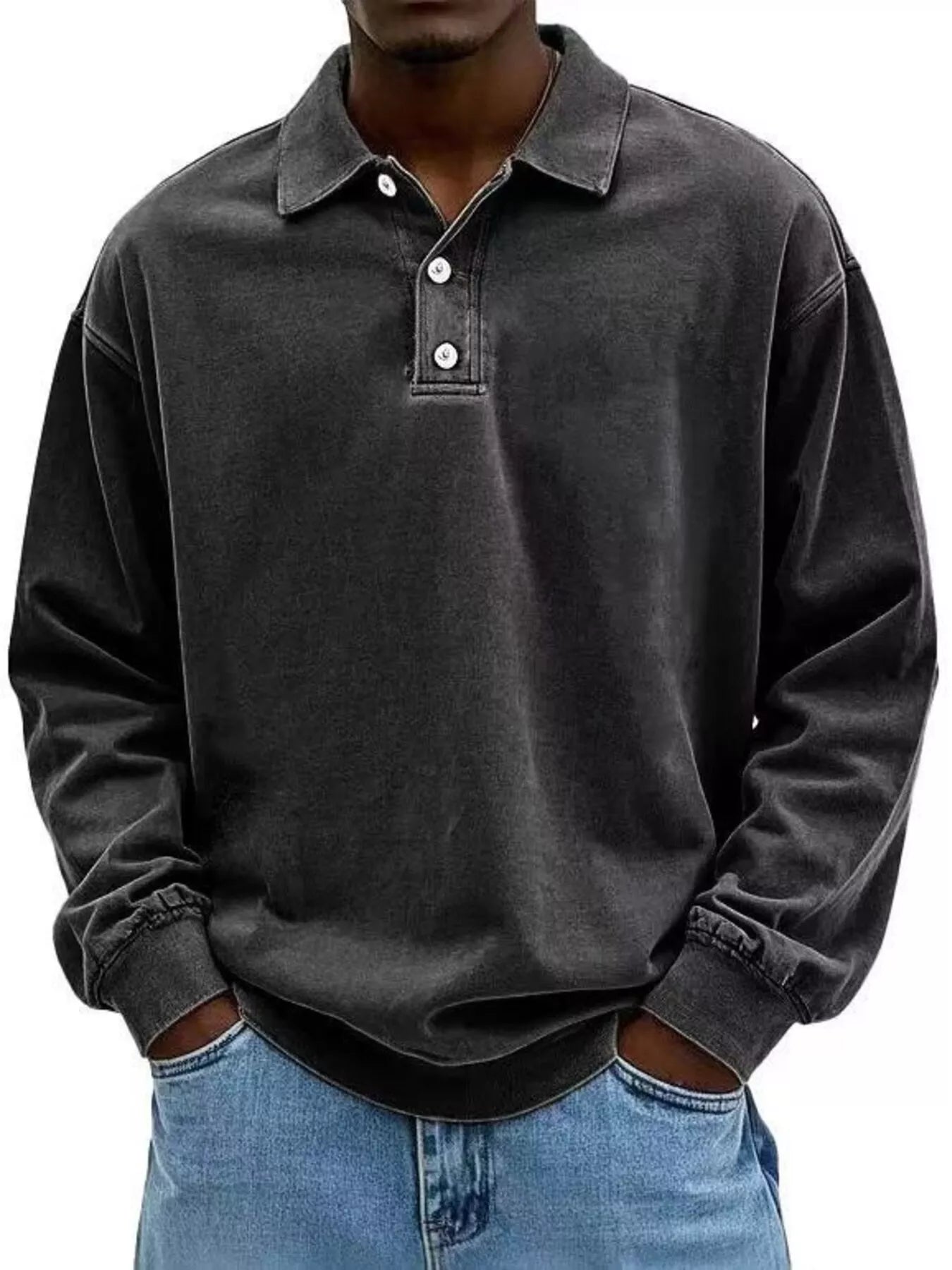 Men's Full Size Washed Long Sleeve Polo Plus Size - PBNJ FASHIONS