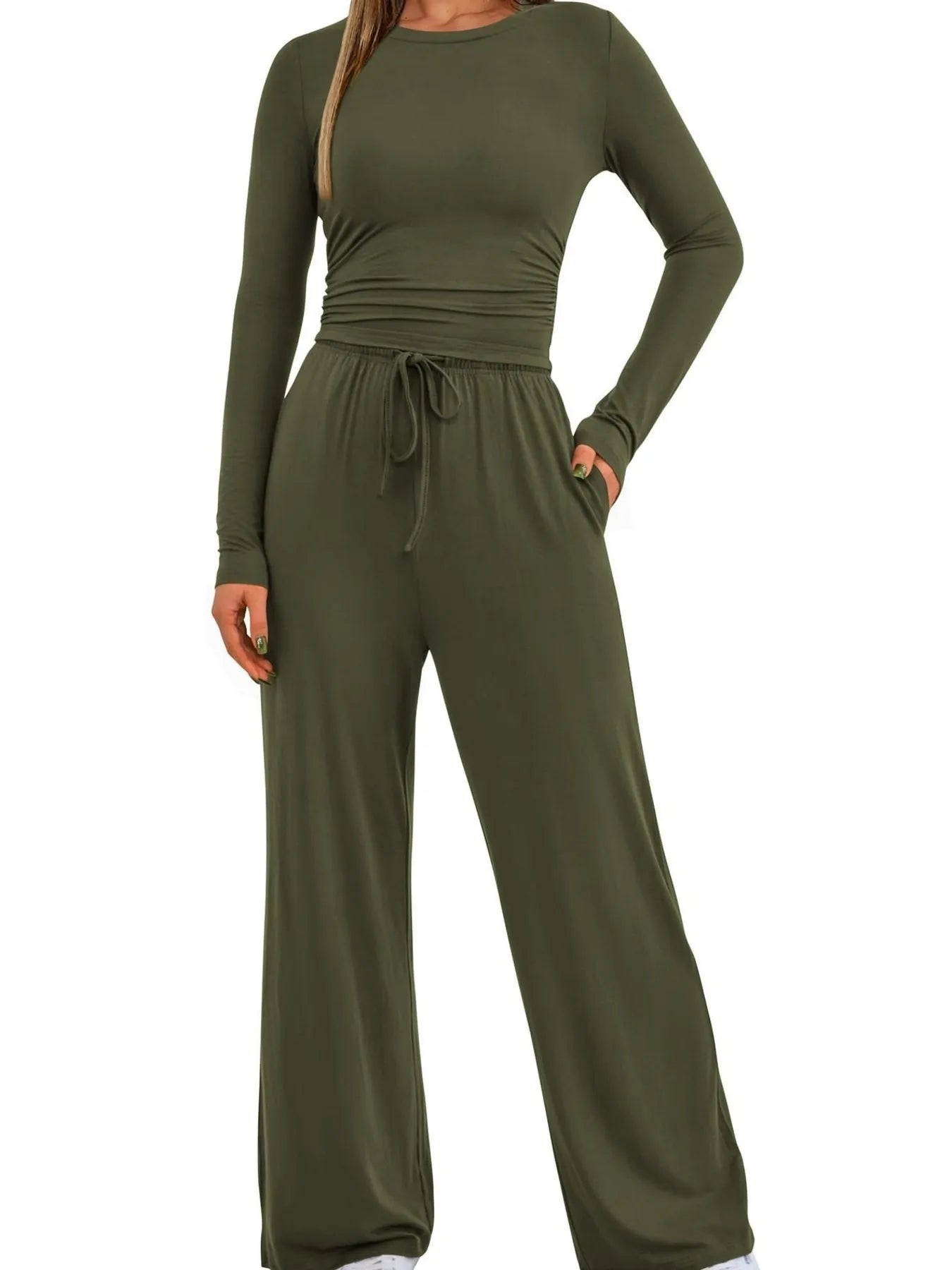 Round Neck Long Sleeve Top and Pants Set - PBNJ FASHIONS
