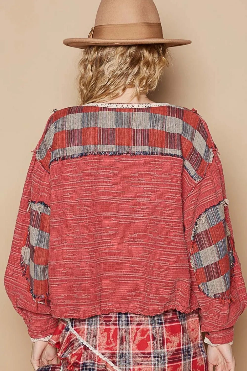 POL Round Neck Long Sleeve Plaid Shirt - PBNJ FASHIONS