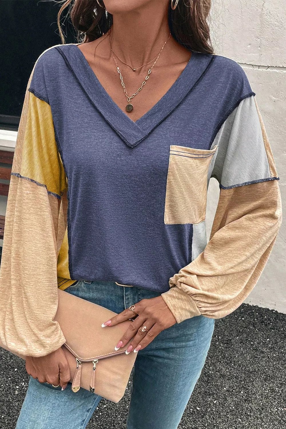 Color Block V - Neck Long Sleeve Blouse - PBNJ FASHIONS