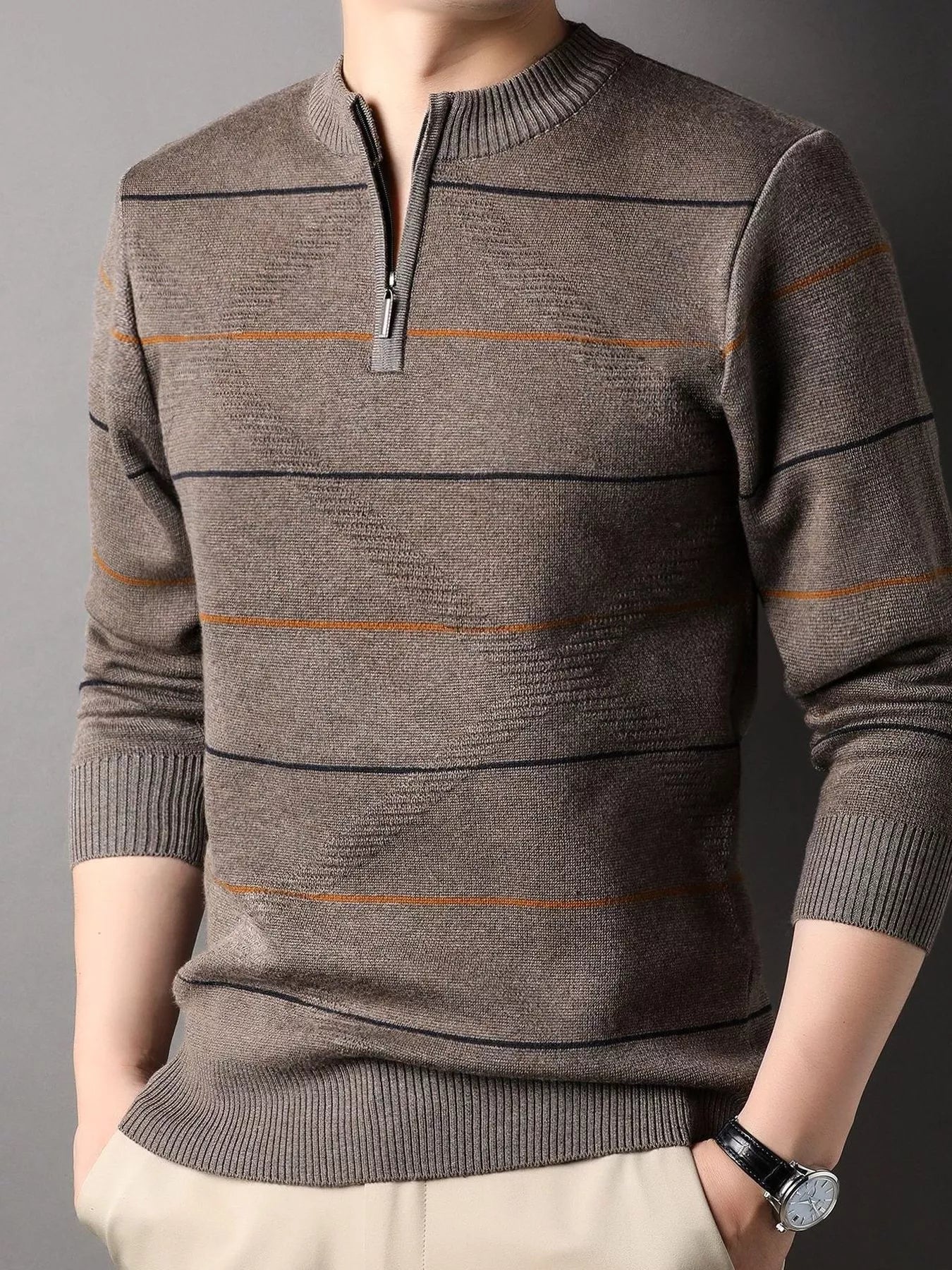 Men's Plus Size Striped Quarter Zip Knit Pullover - PBNJ FASHIONS