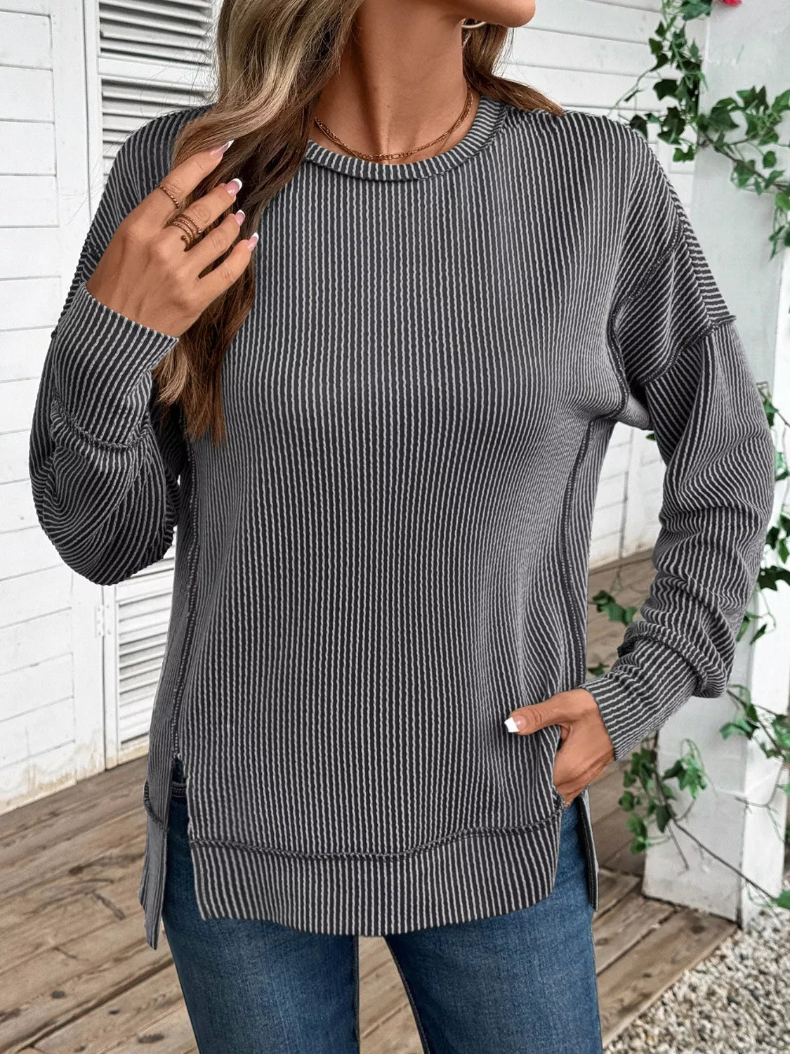 Side Slit Round Neck Sweatshirt - PBNJ FASHIONS