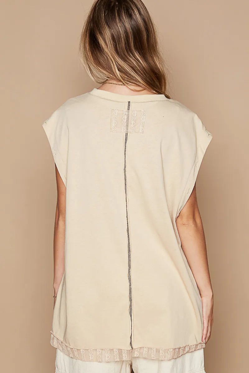 POL Star Patch Studded Sleeveless T-Shirt with Lace Hem - PBNJ FASHIONS