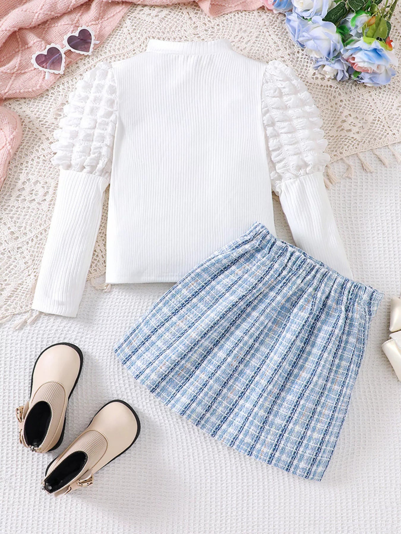 Children's Puff Sleeves Top and Plaid Skirt Set - PBNJ FASHIONS