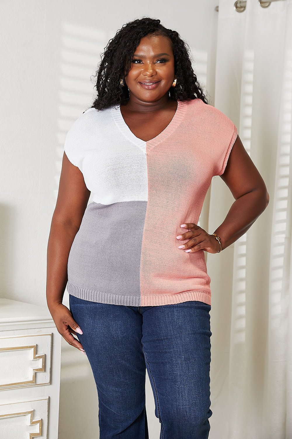 Color Block V - Neck Knit Top - PBNJ FASHIONS