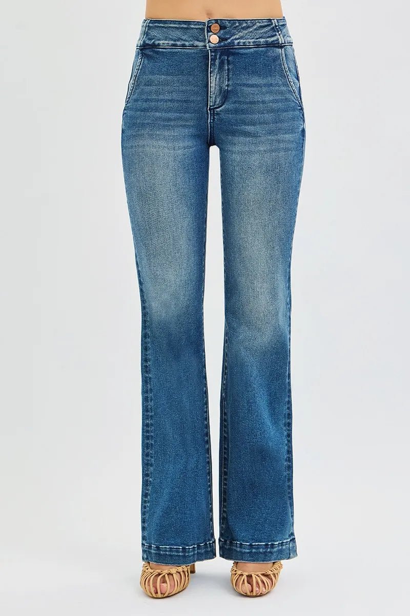 RISEN Full Size Tummy Control High Rise Bootcut Jeans with Double Button Waistband Plus Size - PBNJ FASHIONS
