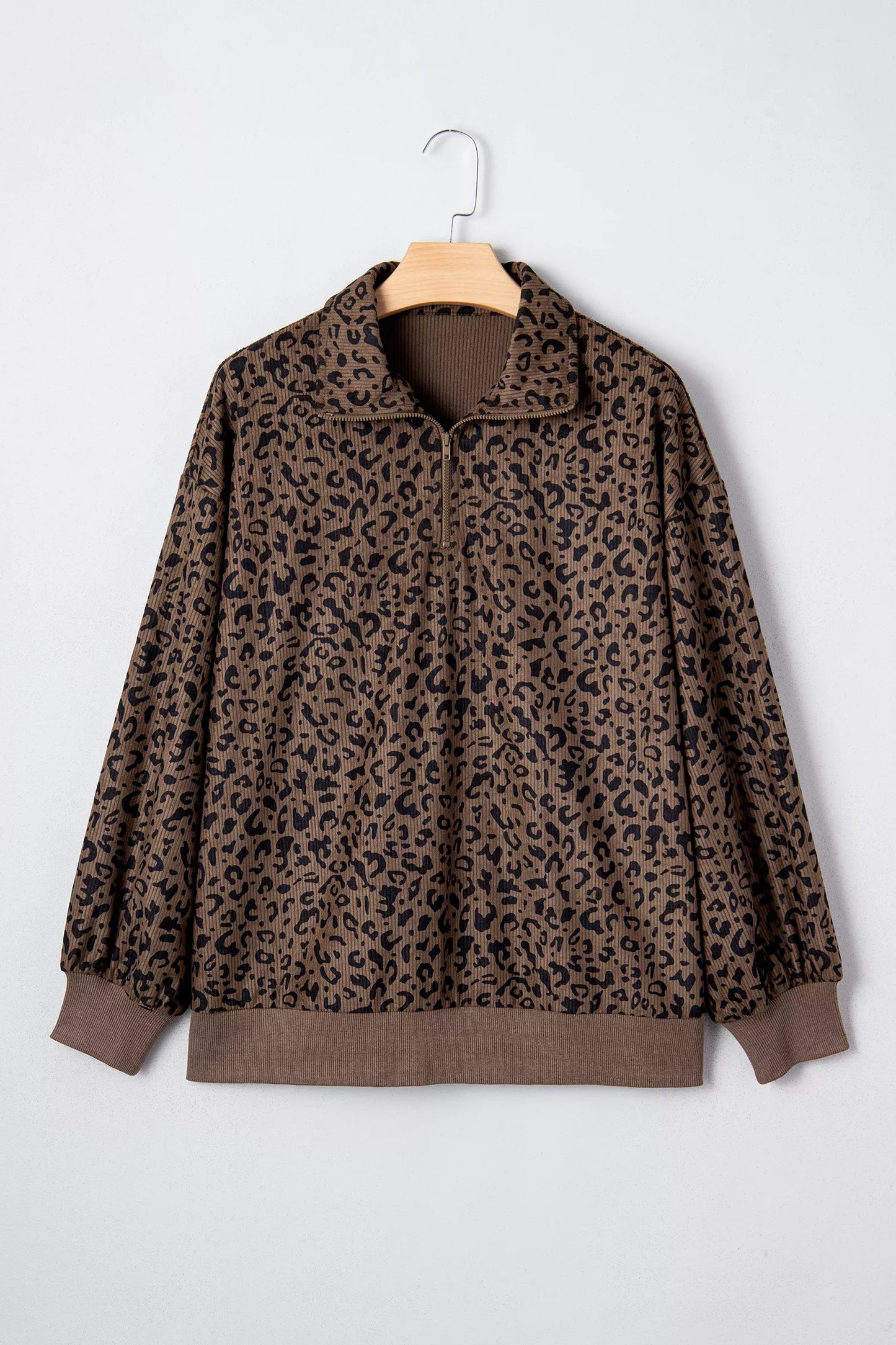 Leopard Print Quarter Zip Corduroy Sweatshirt - PBNJ FASHIONS