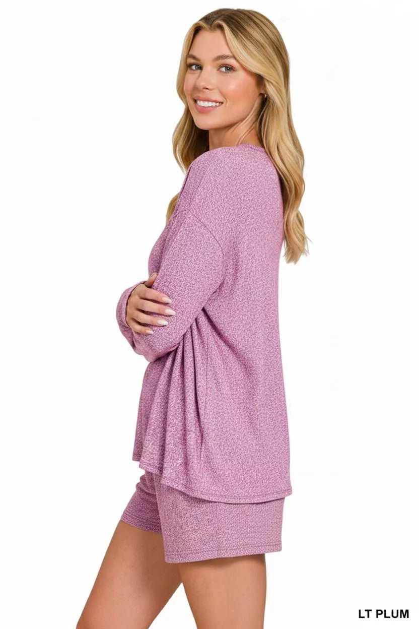 Zenana Soft Melange Long Sleeve Tee and Shorts Set - PBNJ FASHIONS