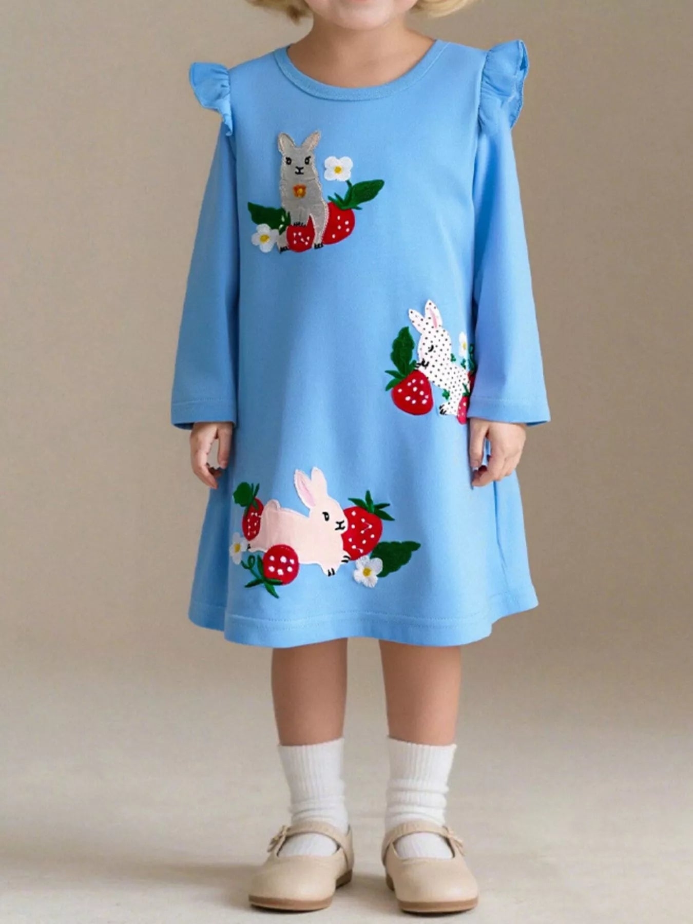 Children's Cute Rabbit & Strawberry Long Sleeve Dress - PBNJ FASHIONS