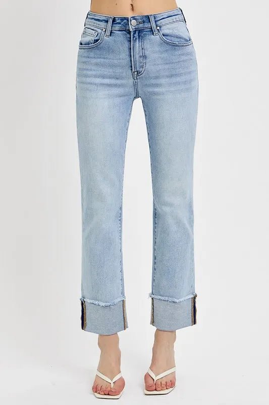 RISEN High Rise Straight Cuffed Relaxed Jeans - PBNJ FASHIONS