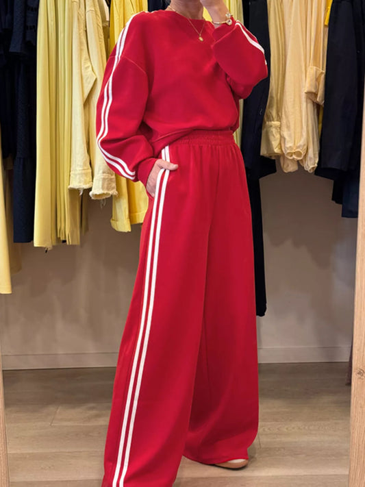 Striped Detail Crewneck Top and Elastic Sweatpants 2pcs Set - PBNJ FASHIONS