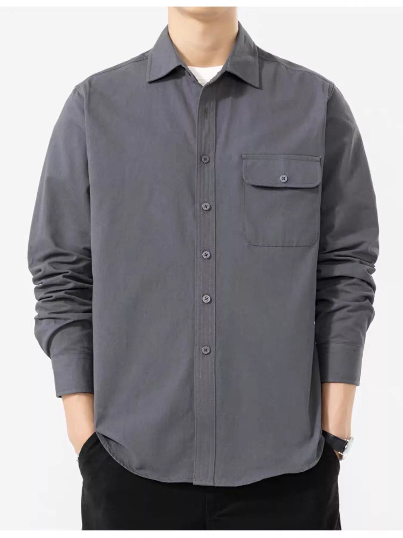 Men's Plus Size Casual Solid Color Long Sleeve Shirt - PBNJ FASHIONS