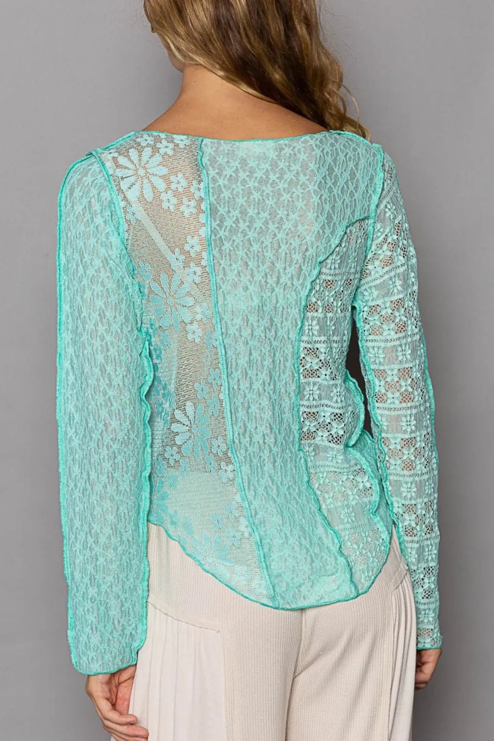 POL Exposed Seam Long Sleeve Lace Knit Top - PBNJ FASHIONS