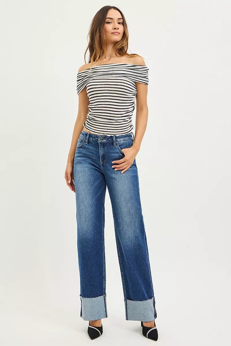 RISEN Mid Rise Wide Straight Jeans With Wide Cuff - PBNJ FASHIONS