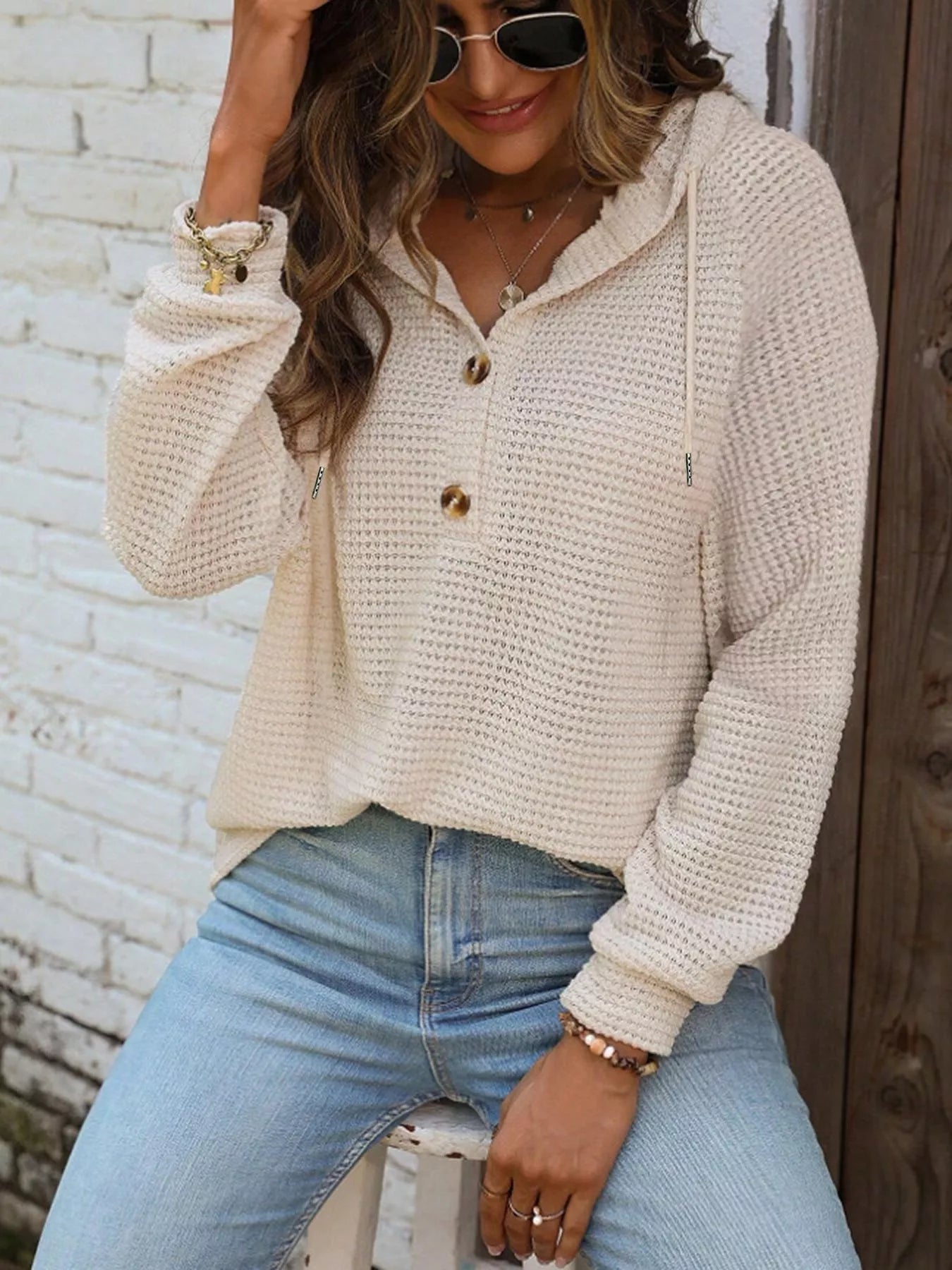Waffle Knit Button Detail Hoodie - PBNJ FASHIONS